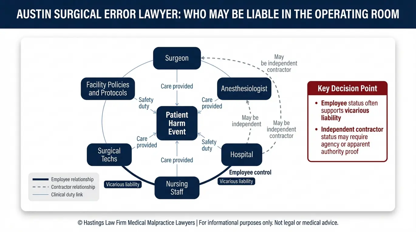Diagrama de relaciones entre entidades que muestra cómo un abogado especializado en errores quirúrgicos de Austin evalúa la responsabilidad del hospital, el cirujano, el anestesiólogo y el equipo quirúrgico, utilizando vínculos entre empleados y contratistas independientes, así como vías de responsabilidad subsidiaria.
