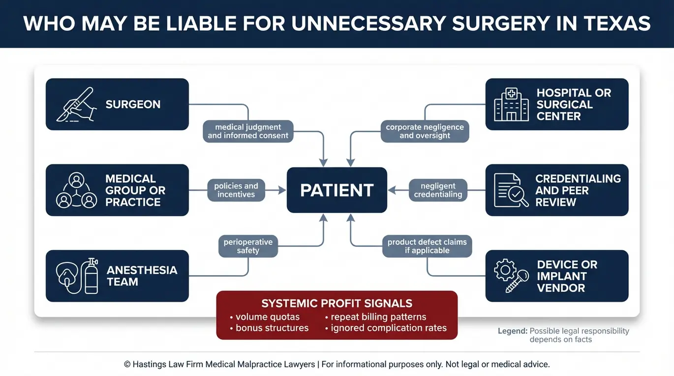 Entity map showing surgeon hospital and medical group liability connections in an Austin Unnecessary Surgery Lawyer case involving unnecessary operations.