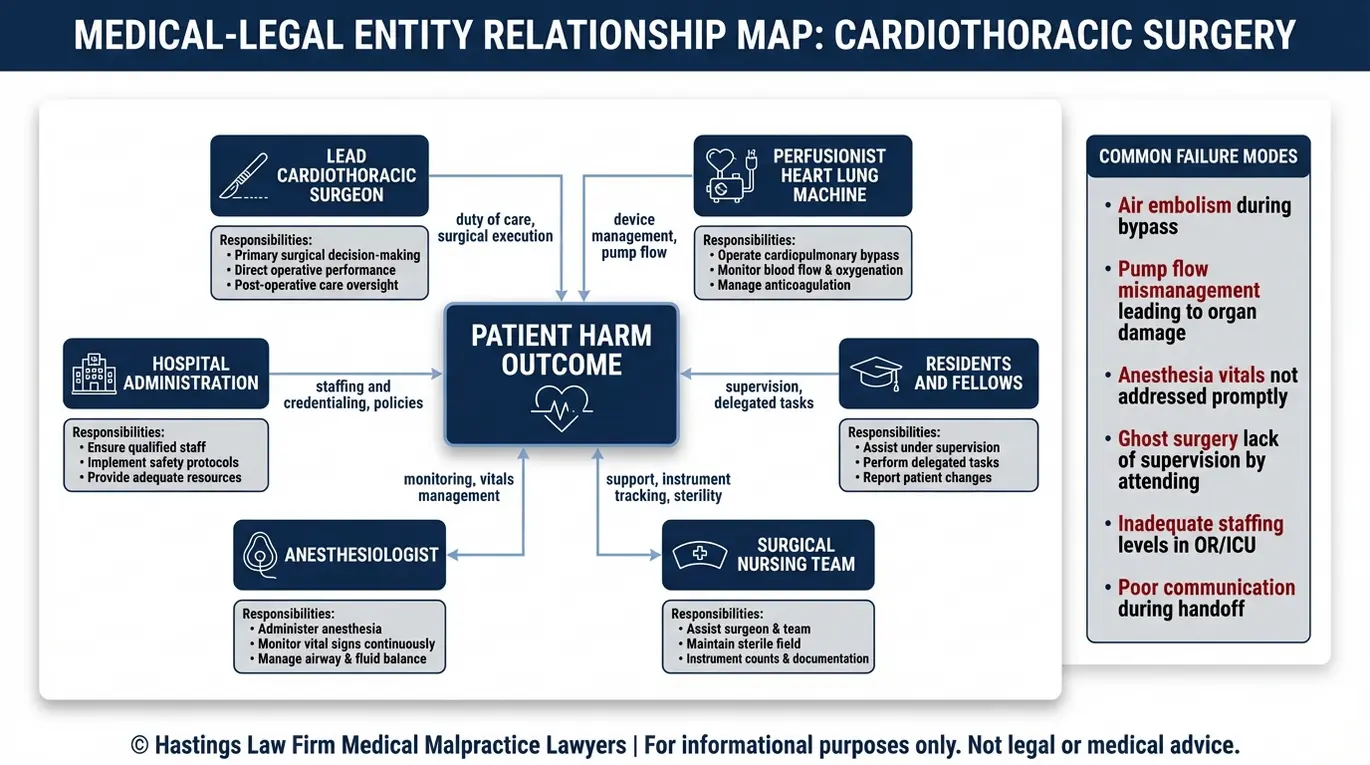 Diagrama de relaciones entre entidades que explica la responsabilidad del equipo de cirugía cardíaca, incluyendo al cirujano, al perfusionista, al anestesiólogo, a los residentes y al hospital, dirigido a lectores que buscan un abogado especializado en negligencia médica de cirujanos cardiotorácicos en Arizona.