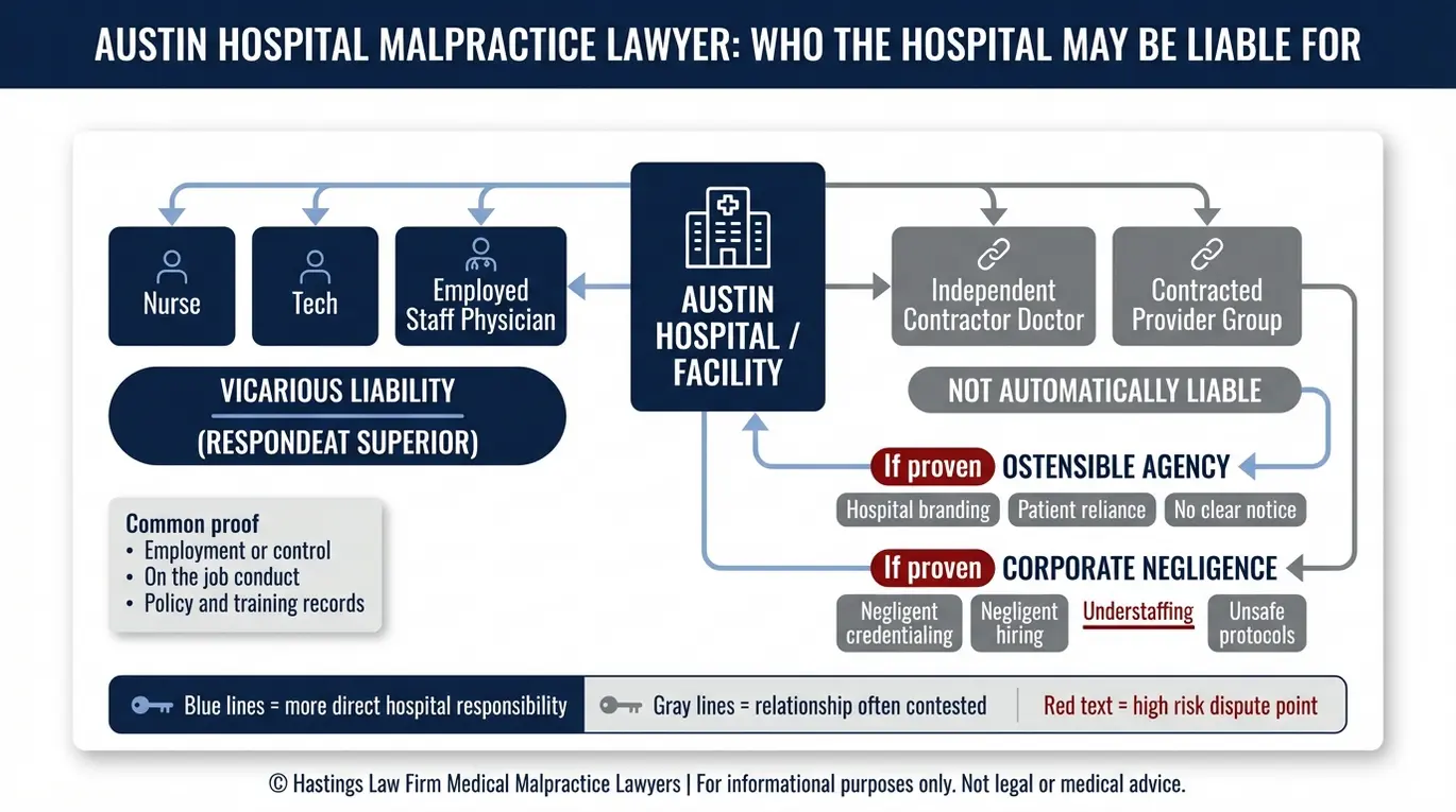 Mapa de entidades que muestra la responsabilidad subsidiaria y las relaciones de representación que un abogado especializado en negligencia médica de Austin (Texas) evalúa al presentar una demanda contra un hospital frente a médicos independientes.