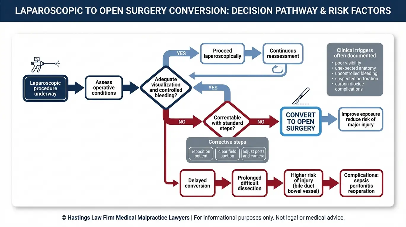 Process flowchart showing when to convert from laparoscopy to open surgery and how delay can support liability evaluated by a Texas Laparoscopic Surgery Error Lawyer.