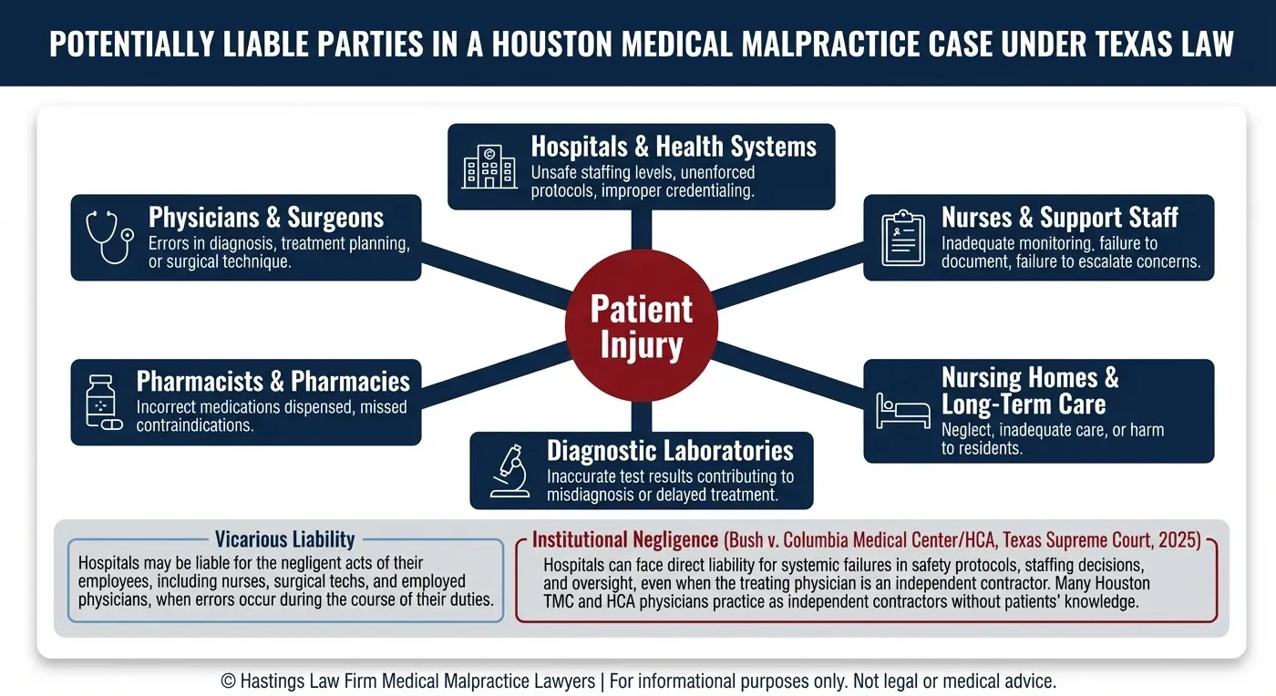 Entity relationship map showing six categories of potentially liable parties in a Houston medical malpractice case, including physicians, hospitals, nurses, pharmacists, diagnostic laboratories, and nursing homes, with explanations of vicarious liability and institutional negligence under the 2025 Texas Supreme Court ruling in Bush v. Columbia Medical Center/HCA that holds hospitals accountable for systemic failures even when treating physicians are independent contractors.
