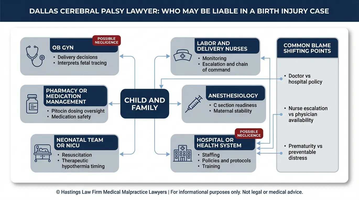 Diagrama de relaciones entre las partes implicadas en una demanda por lesiones durante el parto en Dallas relacionada con parálisis cerebral, en el que se muestran las conexiones entre el obstetra-ginecólogo, el personal de enfermería, el hospital, el equipo de anestesia, la UCIN y la gestión de la medicación.