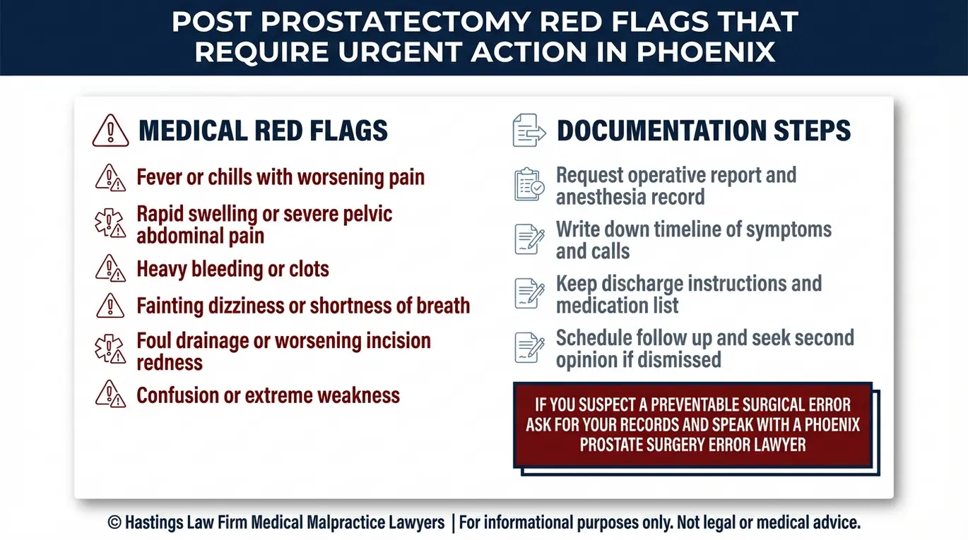 Lista de verificación de señales de alerta médicas tras una prostatectomía y pasos para la documentación que recomienda un abogado especializado en errores quirúrgicos de próstata de Phoenix tras una posible negligencia quirúrgica.