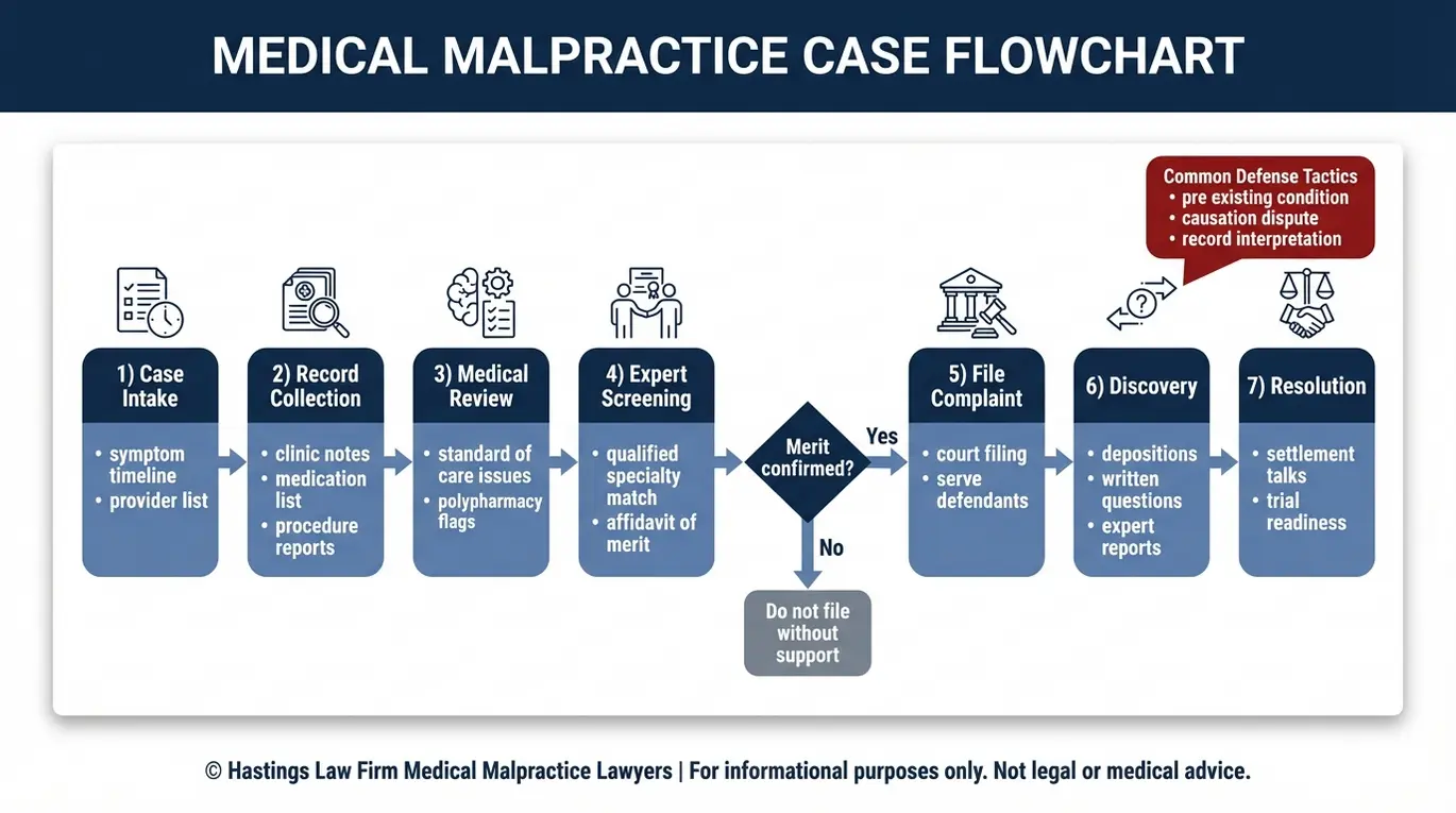 Process flowchart showing the steps of filing and proving a pain clinic malpractice claim as handled by an Arizona Pain Management Center Malpractice Lawyer from investigation to resolution.