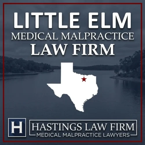 Los mejores abogados de negligencia médica en Little Elm Texas Una escena del paisaje de Little Elm Texas. Una estrella roja señala el lugar donde los abogados locales especializados en negligencias médicas han ayudado a pacientes lesionados. El logotipo de The Hastings Law Firm aparece en la parte inferior.