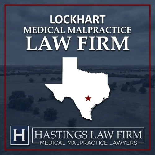 Best Medical Malpractice Attorneys in Lockhart Texas A landscape scene of Lockhart Texas. A red star pinpoints the location where local Medical Malpractice Lawyers have helped injured patients. The Hastings Law Firm logo appears at the bottom.