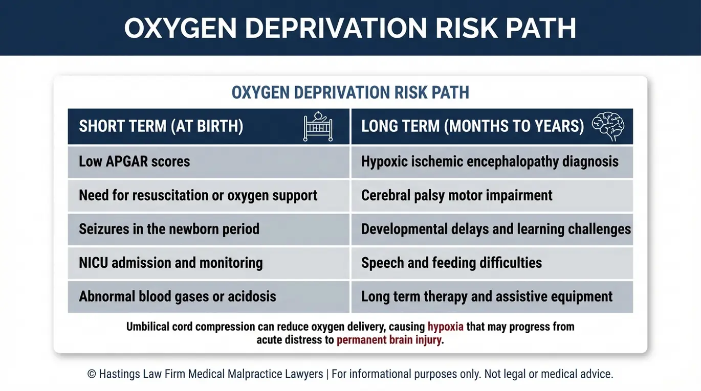 Comparison chart explaining short term versus long term outcomes from oxygen deprivation in a Texas nuchal cord malpractice lawyer case including low APGAR scores seizures NICU care and later cerebral palsy and hypoxic ischemic encephalopathy.