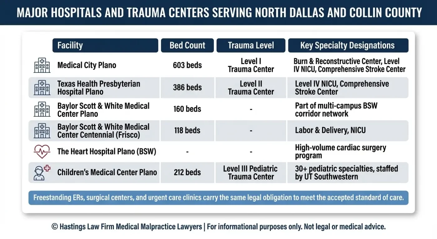Cuadro comparativo de los principales hospitales y centros de traumatología que prestan servicio en el norte de Dallas y el condado de Collin, que muestra el número de camas, las designaciones de nivel de traumatología y los principales servicios especializados de Medical City Plano, Texas Health Presbyterian Plano, las instalaciones de Baylor Scott and White, The Heart Hospital Plano y Children's Medical Center Plano en el contexto de las normas de responsabilidad por negligencia médica en Texas.