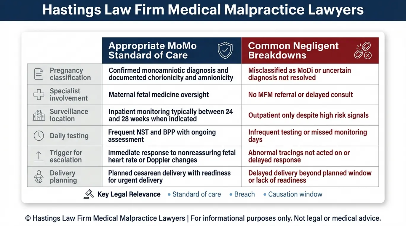 Comparison chart for Texas Monoamniotic Twins Cord Entanglement Lawyer research showing MoMo twin standard of care monitoring and delivery planning compared with negligent care failures such as misclassification, missed NST BPP surveillance, and delayed cesarean delivery.