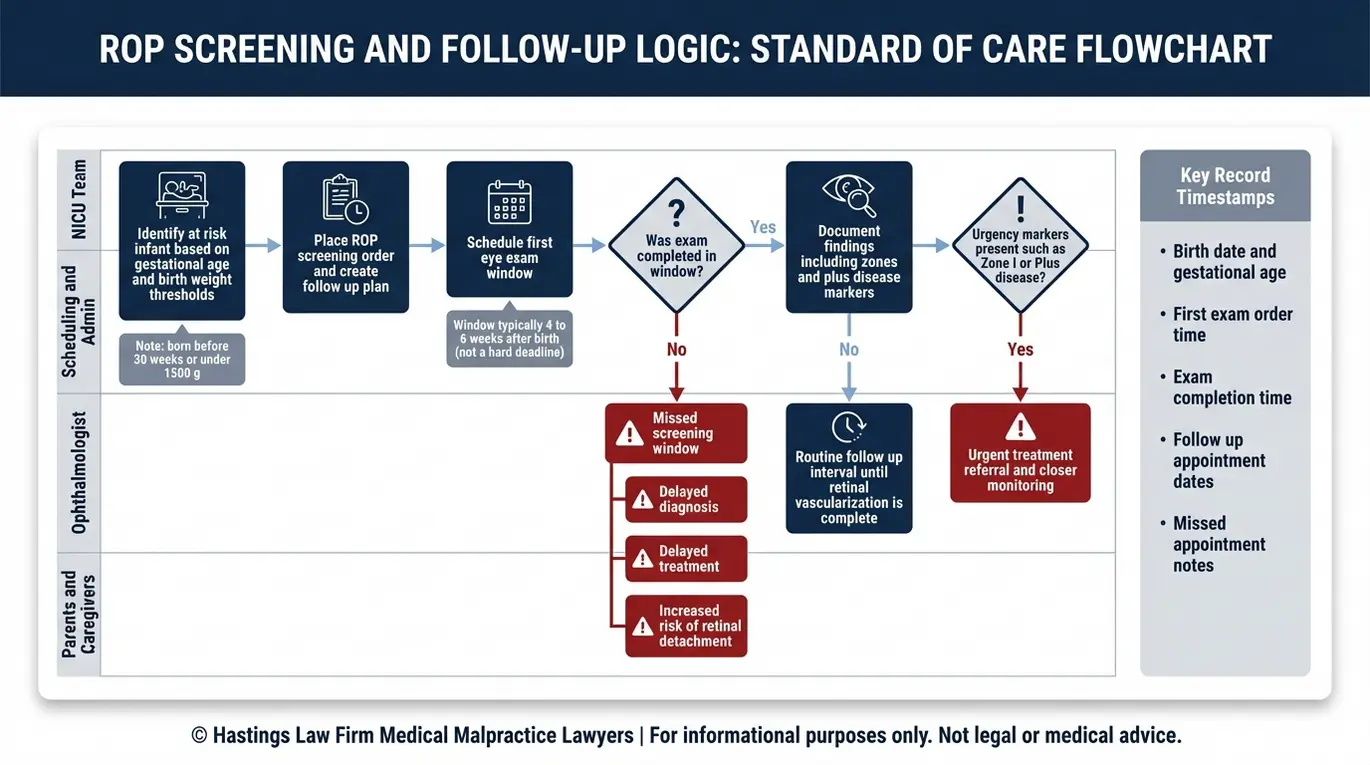 Process flowchart summarizing the Arizona Retinopathy of Prematurity Lawyer screening timeline with risk thresholds exam window follow up steps and missed screening consequences.