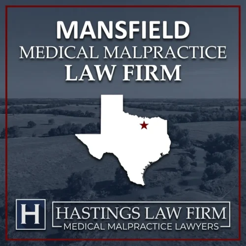 Los mejores abogados de negligencia médica en Mansfield Texas Una escena del paisaje de Mansfield Texas. Una estrella roja señala el lugar donde los abogados locales de negligencia médica han ayudado a pacientes lesionados. Logo The Hastings Law Firm aparece en la parte inferior.