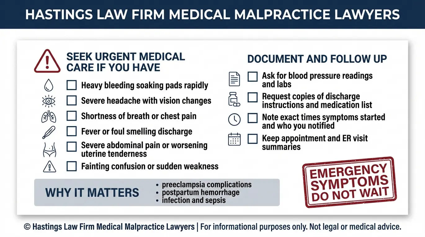Lista de verificación de advertencias sobre complicaciones maternas y síntomas que pueden indicar negligencia, con orientación revisada con frecuencia por un abogado especializado en negligencia médica obstétrica y ginecológica de Arizona.