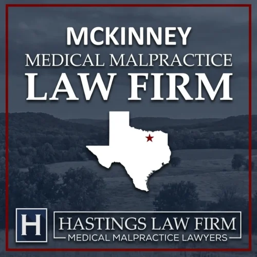 Los mejores abogados de negligencia médica en McKinney Texas Una escena del paisaje de McKinney Texas. Una estrella roja señala el lugar donde los abogados locales de negligencia médica han ayudado a pacientes lesionados. Logo The Hastings Law Firm aparece en la parte inferior.