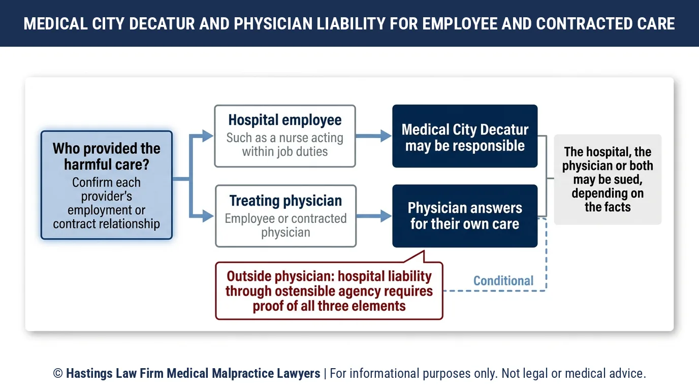 ¿Puede un abogado especializado en negligencia médica demandar a Medical City Decatur por un médico contratado o por las propias enfermeras?.