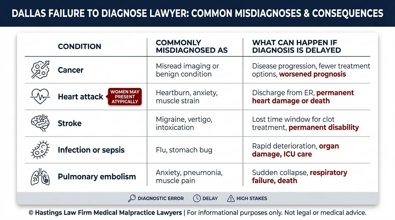 Comparison chart of frequently missed conditions in a Dallas failure to diagnose lawyer case including common misdiagnoses and resulting patient harm.