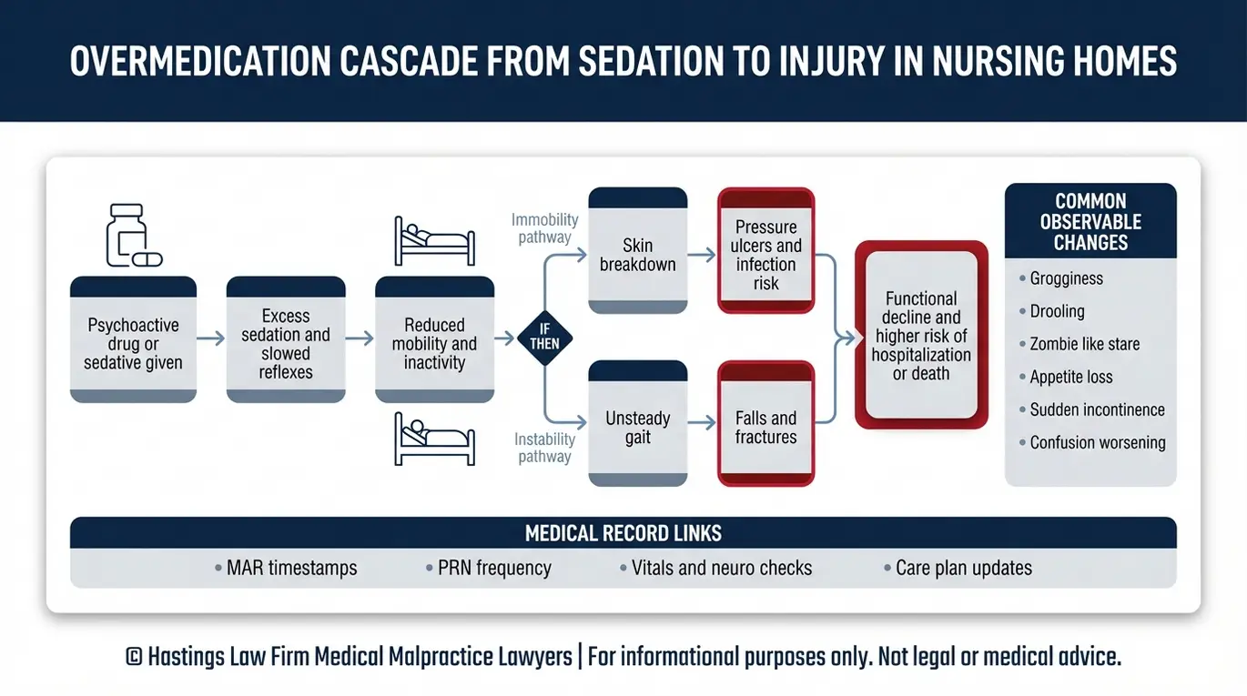 Process flowchart showing how overmedication leads to sedation then immobility then falls pressure ulcers and functional decline as reviewed by a Texas Nursing Home Chemical Restraint Lawyer.