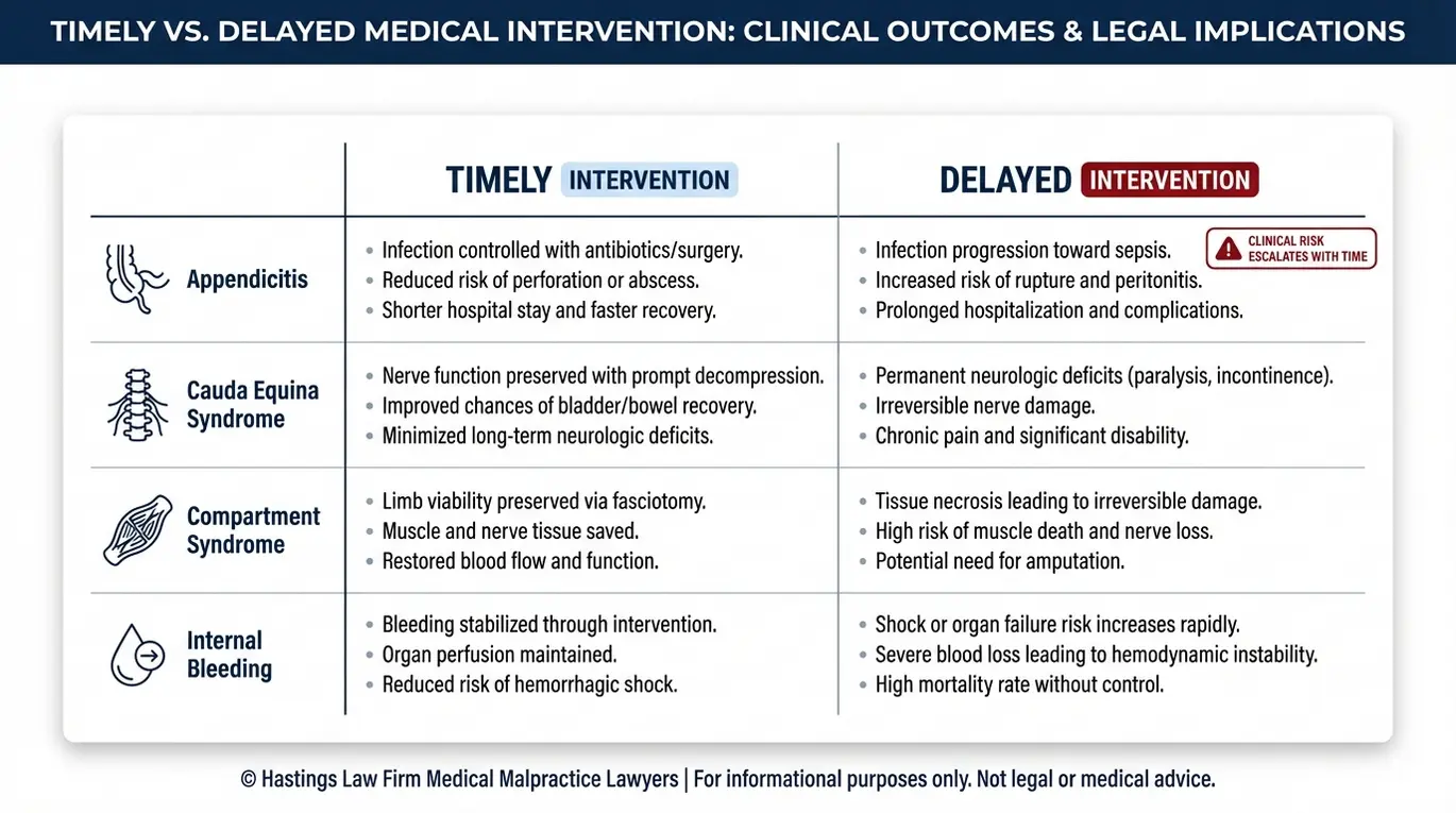 Comparison chart explaining timely intervention versus delayed intervention outcomes for appendicitis cauda equina syndrome compartment syndrome and internal bleeding for readers seeking an Arizona Delayed or Prolonged Surgery Lawyer.
