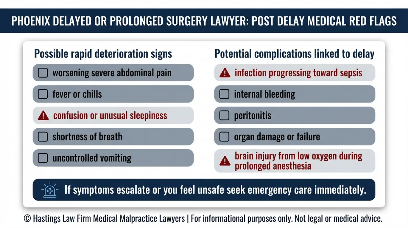 Warning checklist for Phoenix Delayed or Prolonged Surgery Lawyer readers listing escalation signs and delay related complications including sepsis internal bleeding peritonitis organ damage and hypoxia risk.