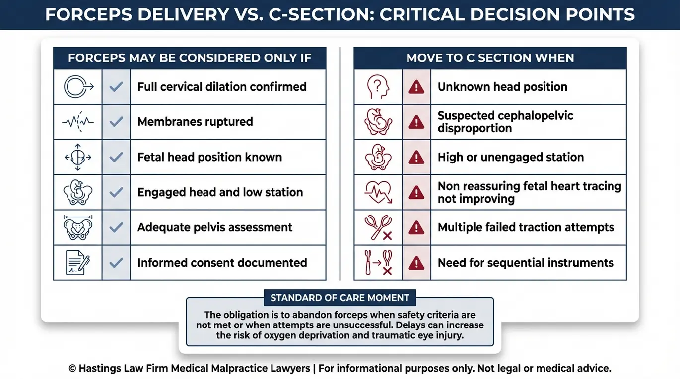 Comparison chart of medical criteria for forceps use versus C section decisions relevant to evaluating negligence with a Texas Forceps Eye Birth Injury Lawyer.