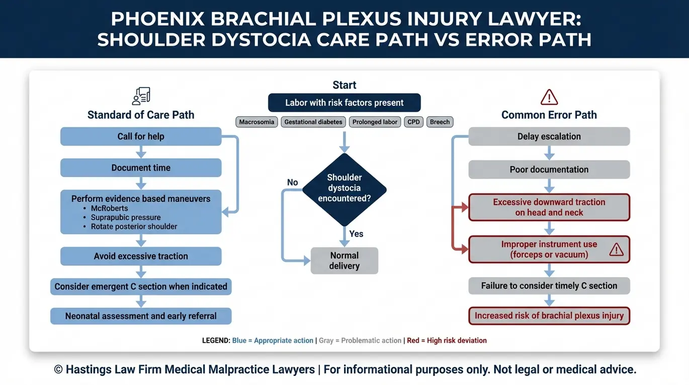 Diagrama de flujo que compara el tratamiento estándar de la distocia de hombros con los errores de negligencia más comunes que pueden causar lesiones, según la explicación de un abogado especializado en lesiones del plexo braquial de Phoenix.