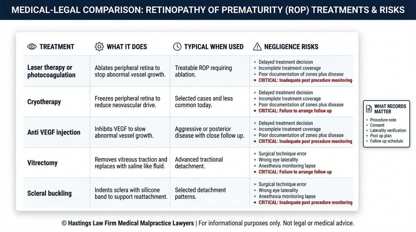 Comparison chart for an Arizona Retinopathy of Prematurity Lawyer showing ROP treatments including laser cryotherapy injections vitrectomy and scleral buckling with typical use cases and negligence risk flags.