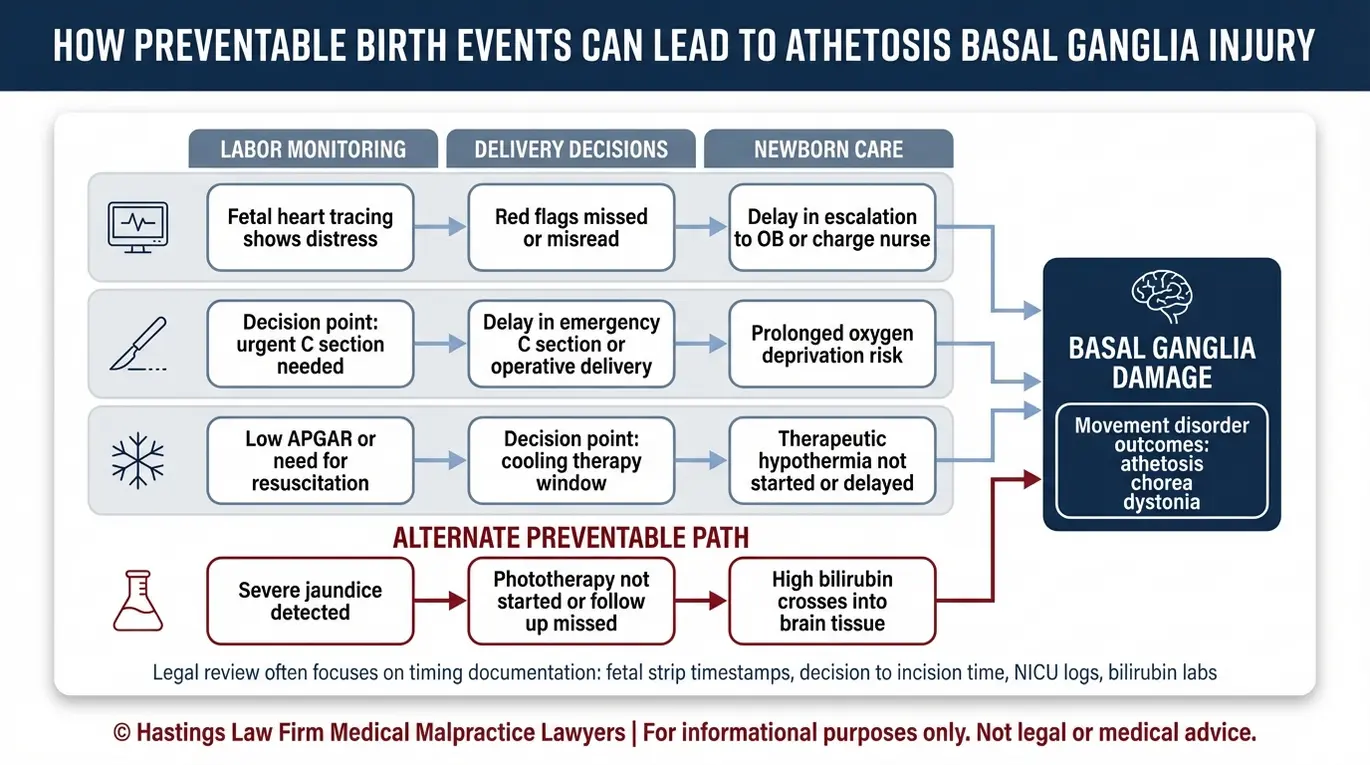 Process flowchart showing medical negligence pathways including fetal distress and jaundice that can cause basal ganglia injury leading to athetosis for Texas Athetosis Malpractice Lawyer case review.