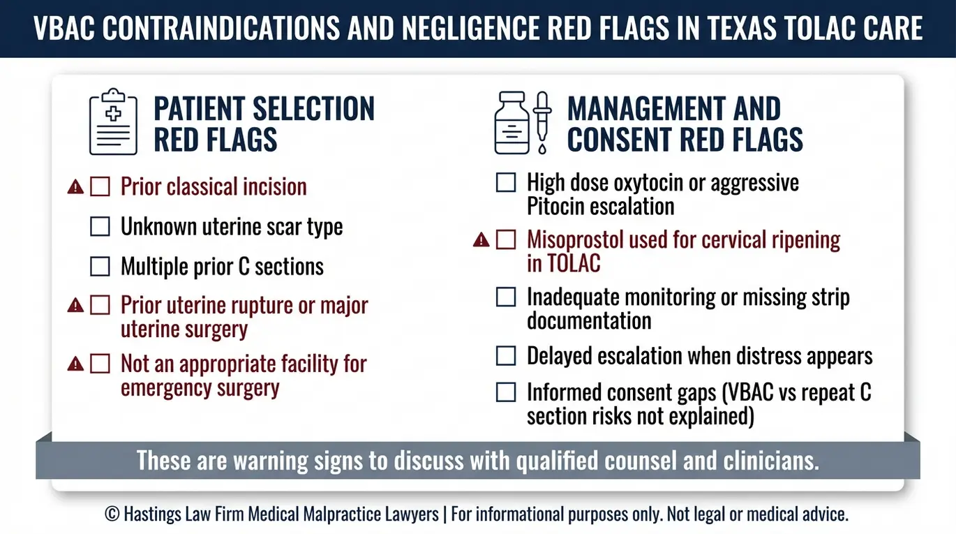 Warning checklist of VBAC contraindications and negligence red flags used by a Texas VBAC Complications Lawyer when reviewing TOLAC records.