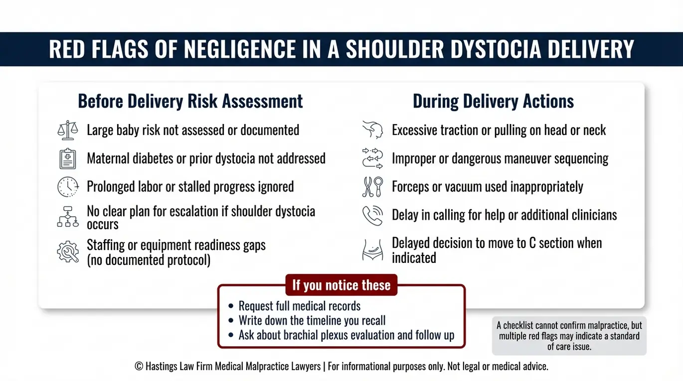 Warning checklist of red flags for possible medical negligence in a shoulder dystocia delivery relevant to a Fort Worth Shoulder Dystocia Lawyer case review.