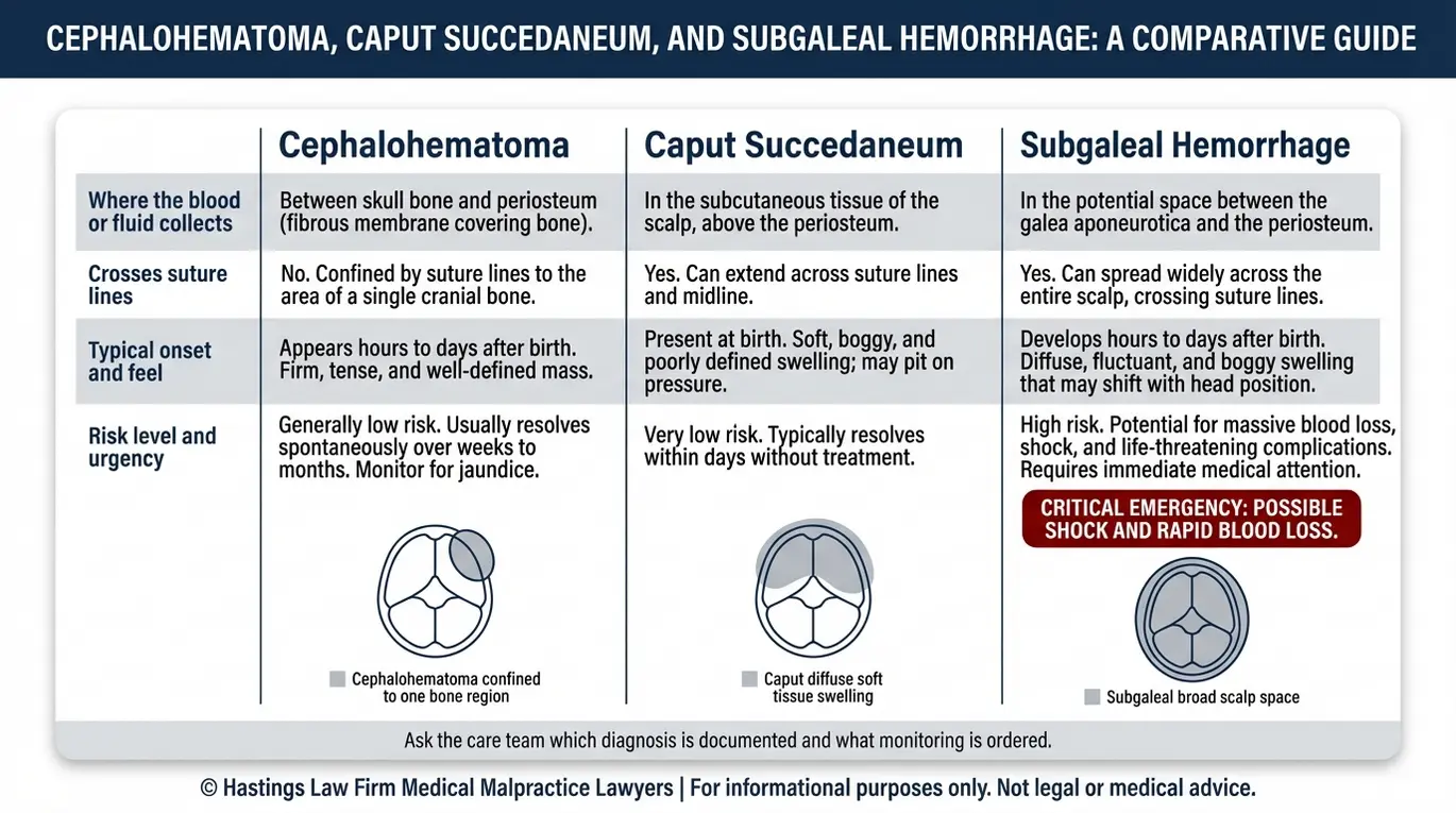Comparison chart explaining cephalohematoma versus caput succedaneum versus subgaleal hemorrhage with location, whether swelling crosses sutures, urgency level, and why prompt recognition matters for a Texas Cephalohematoma Lawyer case review.