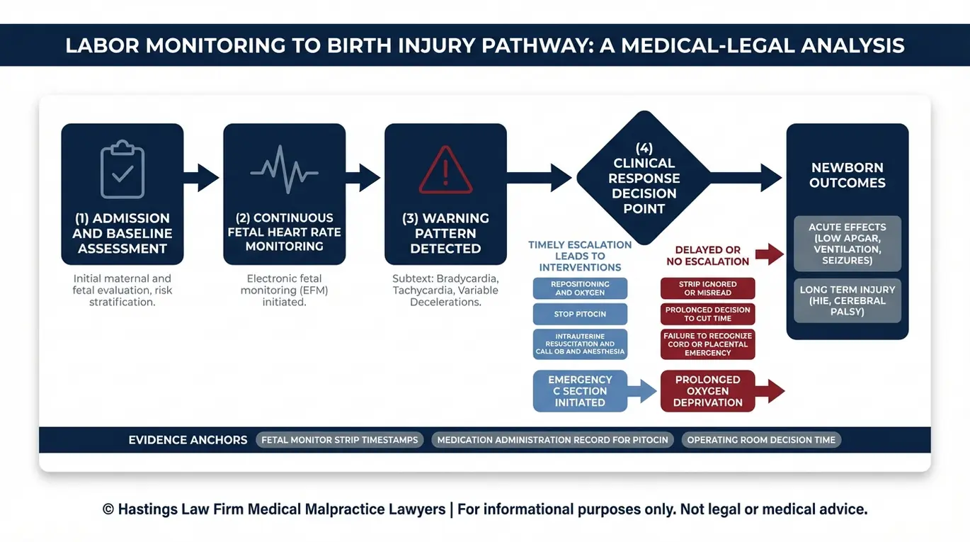 Flowchart explaining how Texas Birth Asphyxia and Hypoxia Lawyer cases connect fetal monitoring warnings and delayed clinical response to oxygen deprivation, HIE, and cerebral palsy outcomes.
