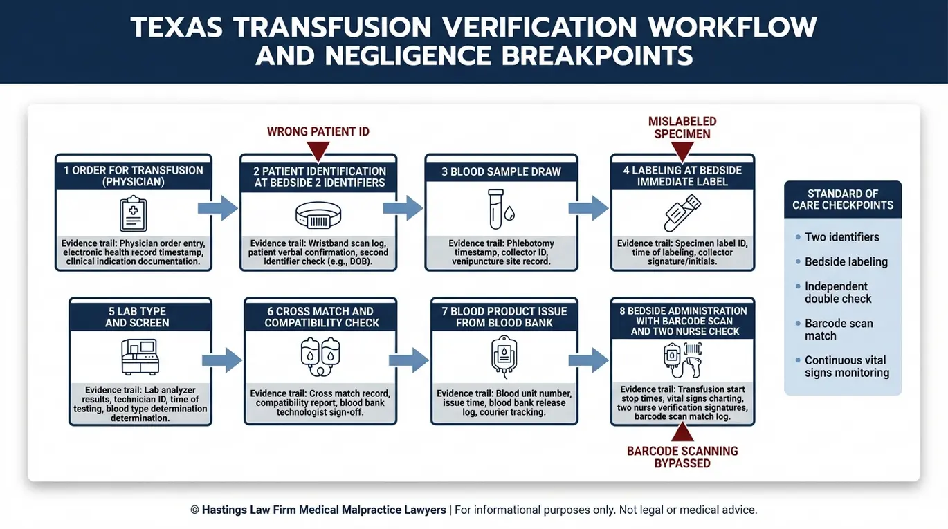 Diagrama de flujo que muestra la cadena de custodia de la verificación de transfusiones y los puntos críticos de negligencia más comunes, revisado por un abogado especializado en errores de transfusión sanguínea Texas.