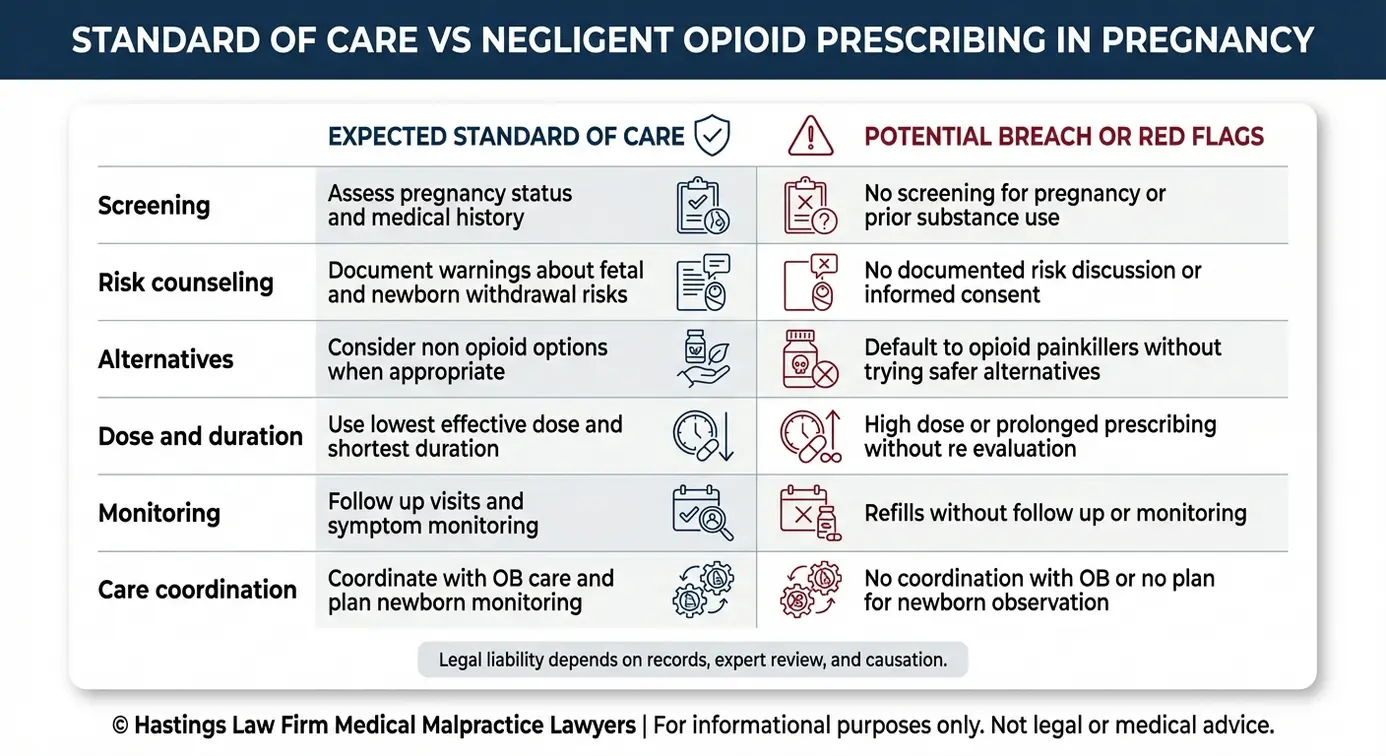 Comparison chart showing standard of care versus negligent opioid prescribing during pregnancy for parents consulting a Texas Newborn Opioid Withdrawal Lawyer about newborn opioid withdrawal.