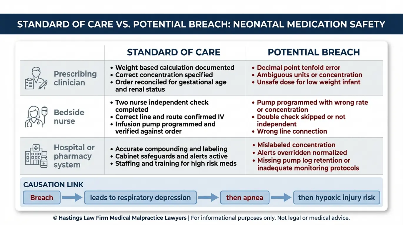 Comparison chart for a Texas Infant Opioid Oversedation Lawyer explaining NICU standard of care versus breach for prescribing clinicians bedside nurses and hospital pharmacy systems including monitoring and response expectations.