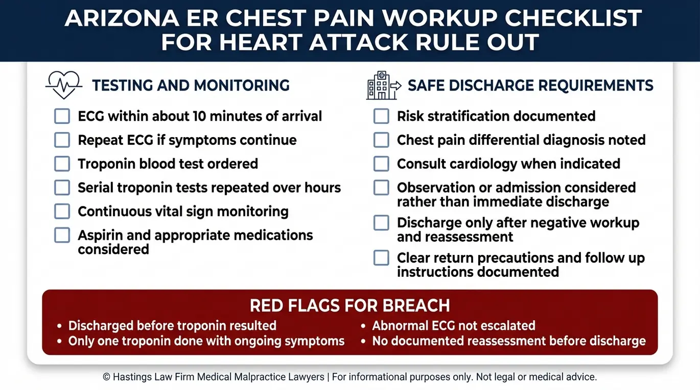 Lista de comprobación de los pasos estándar de atención en caso de dolor torácico en urgencias, incluidos ECG y pruebas seriadas de troponina utilizadas en las evaluaciones de Arizona Heart Attack Misdiagnosis Lawyer.