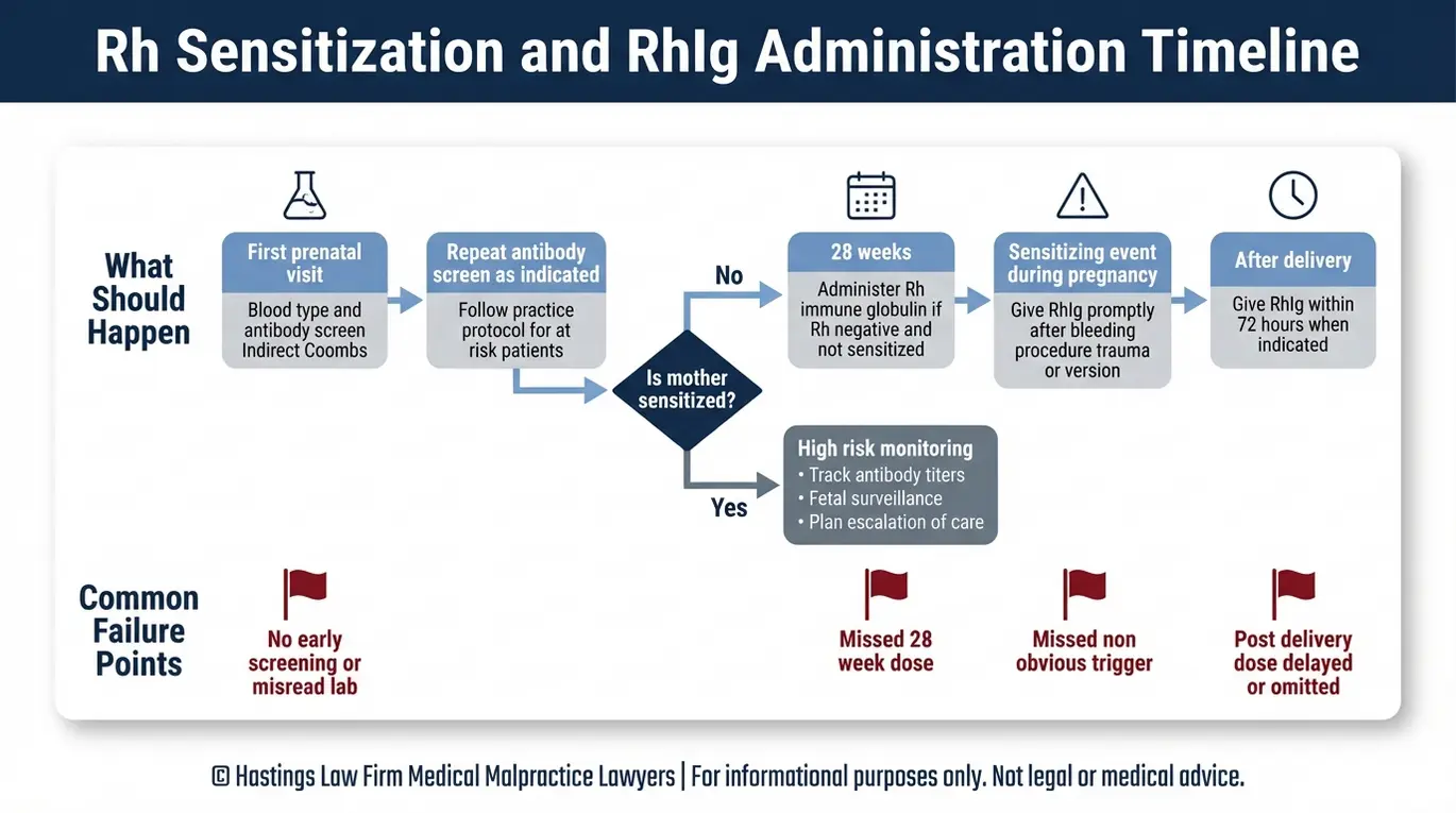 Process flowchart timeline showing RhIg RhoGAM screening at first prenatal visit 28 week administration sensitizing event dosing and post delivery 72 hour window to help evaluate a claim with an Arizona Rh Incompatibility Birth Injury Lawyer.