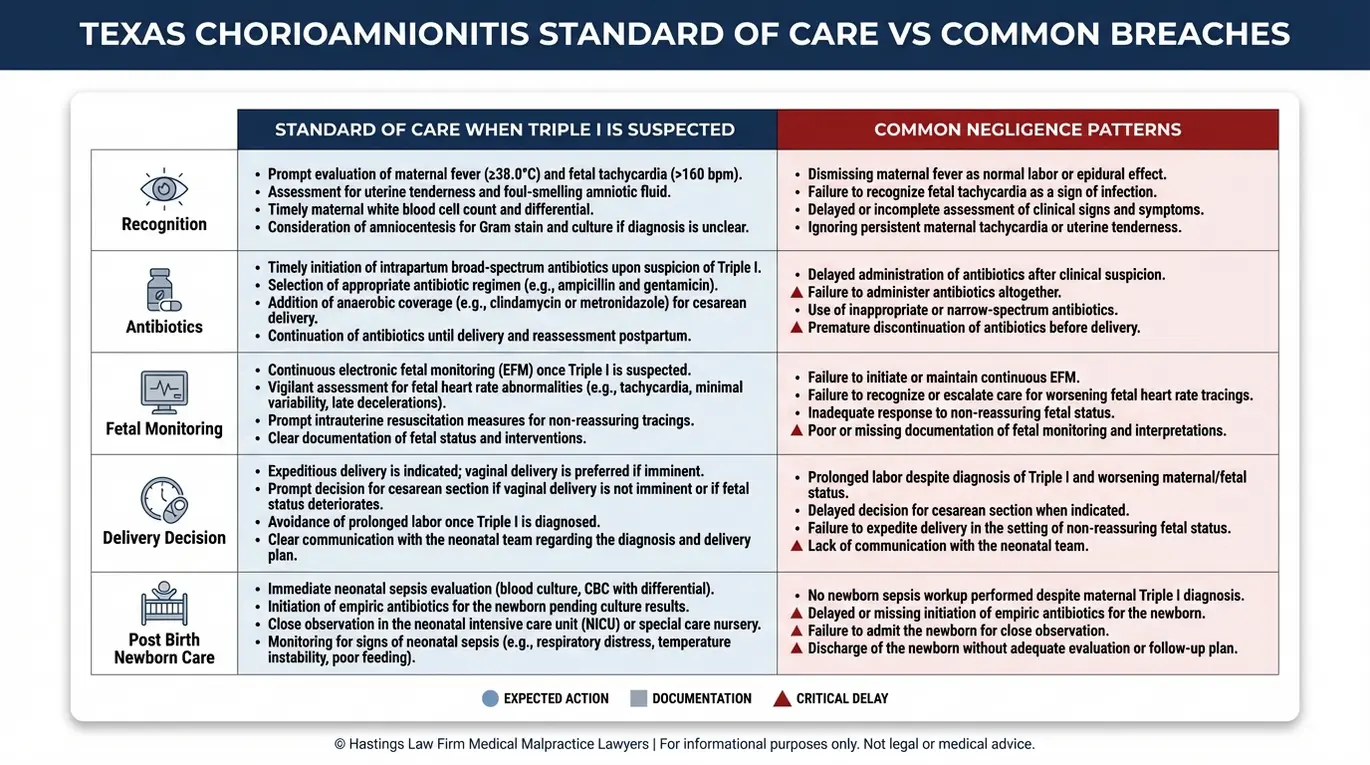 Comparison chart showing the Texas Maternal Chorioamnionitis Injury Lawyer standard of care versus common breaches for antibiotics fetal monitoring delivery decisions and newborn sepsis evaluation.