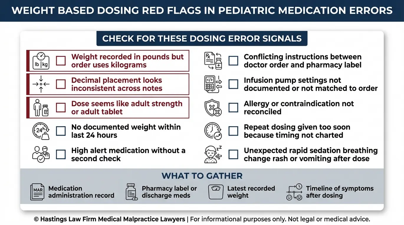 Warning checklist of weight based dosing red flags and documents to gather for a potential Austin Pediatric Malpractice Lawyer medication error case.