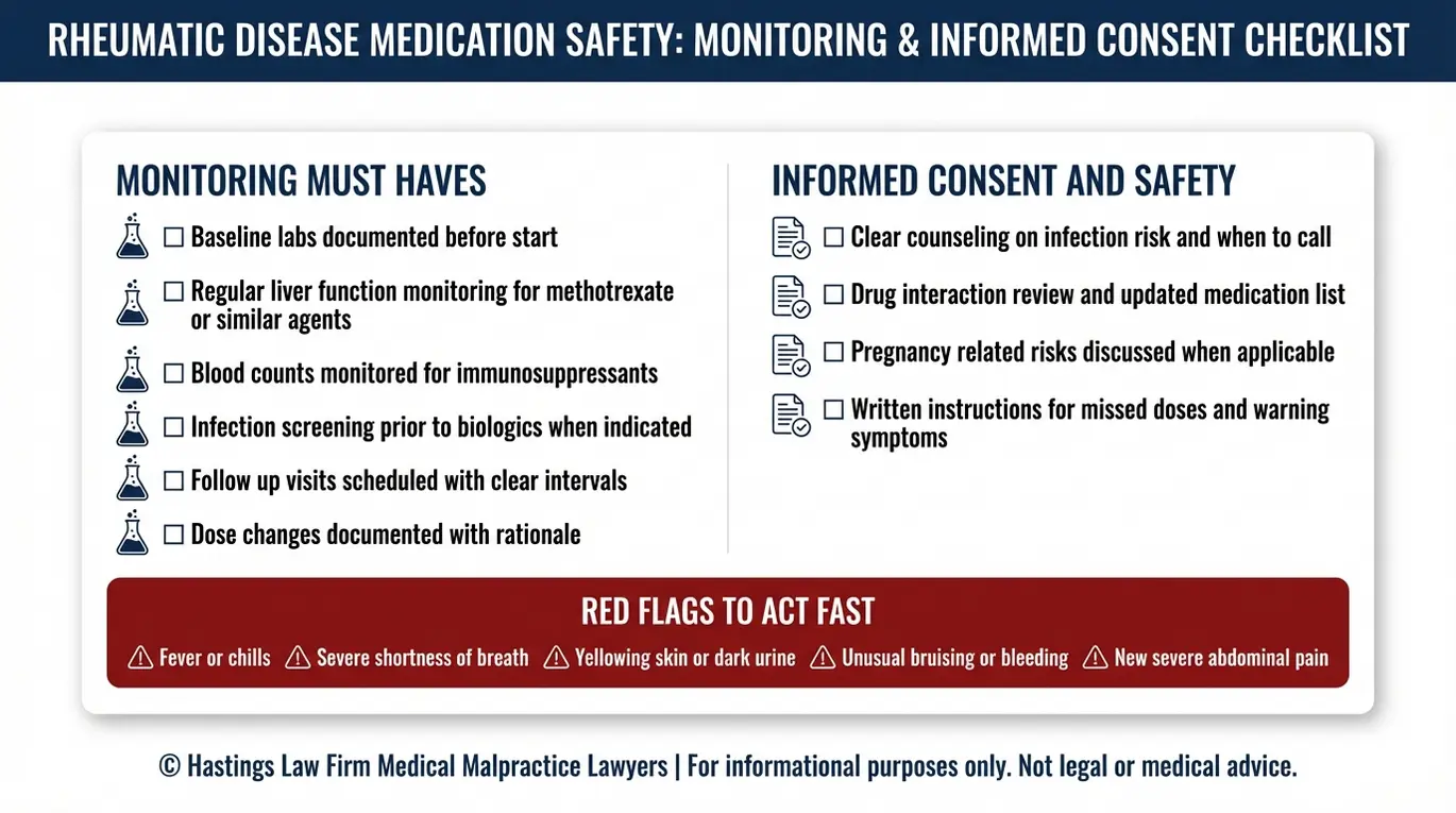 Lista de verificación de advertencias para un abogado especializado en negligencia médica de reumatólogos de Arizona, que abarca los requisitos de seguimiento de los medicamentos reumáticos de alto riesgo, los pasos para el consentimiento informado y los síntomas de alerta urgentes.