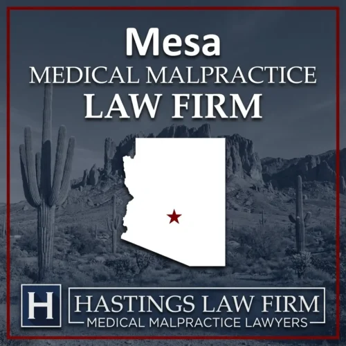 Los mejores abogados especializados en negligencia médica en Mesa, Arizona Una imagen panorámica de Mesa, Arizona. Una estrella roja señala el lugar donde los abogados locales especializados en negligencia médica han ayudado a pacientes lesionados. El logotipo de Hastings Law Firm aparece en la parte inferior.