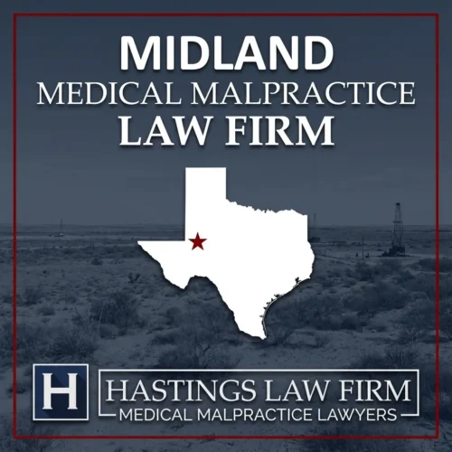 Los mejores abogados especializados en negligencia médica en Midland Texas Una imagen panorámica de Midland Texas. Una estrella roja señala el lugar donde los abogados locales especializados en negligencia médica han ayudado a pacientes lesionados. El logotipo de Hastings Law Firm aparece en la parte inferior.