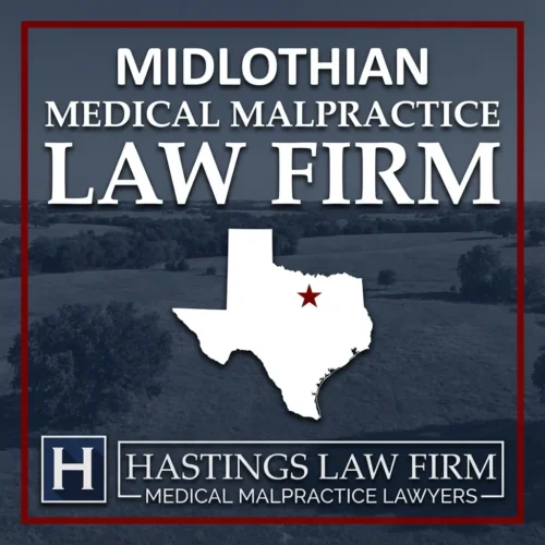 Los mejores abogados de negligencia médica en Midlothian Texas Una escena de paisaje de Midlothian Texas. Una estrella roja señala el lugar donde los abogados locales de negligencia médica han ayudado a pacientes lesionados. El logotipo de The Hastings Law Firm aparece en la parte inferior.