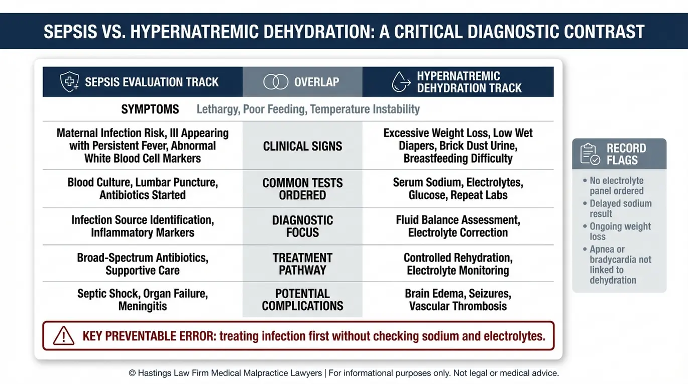 Tabla comparativa que contrasta el proceso de diagnóstico de la sepsis con la evaluación de la deshidratación hipernatrémica, con el fin de respaldar el análisis de los errores de diagnóstico realizado por un abogado especializado en deshidratación hipernatrémica de Arizona.