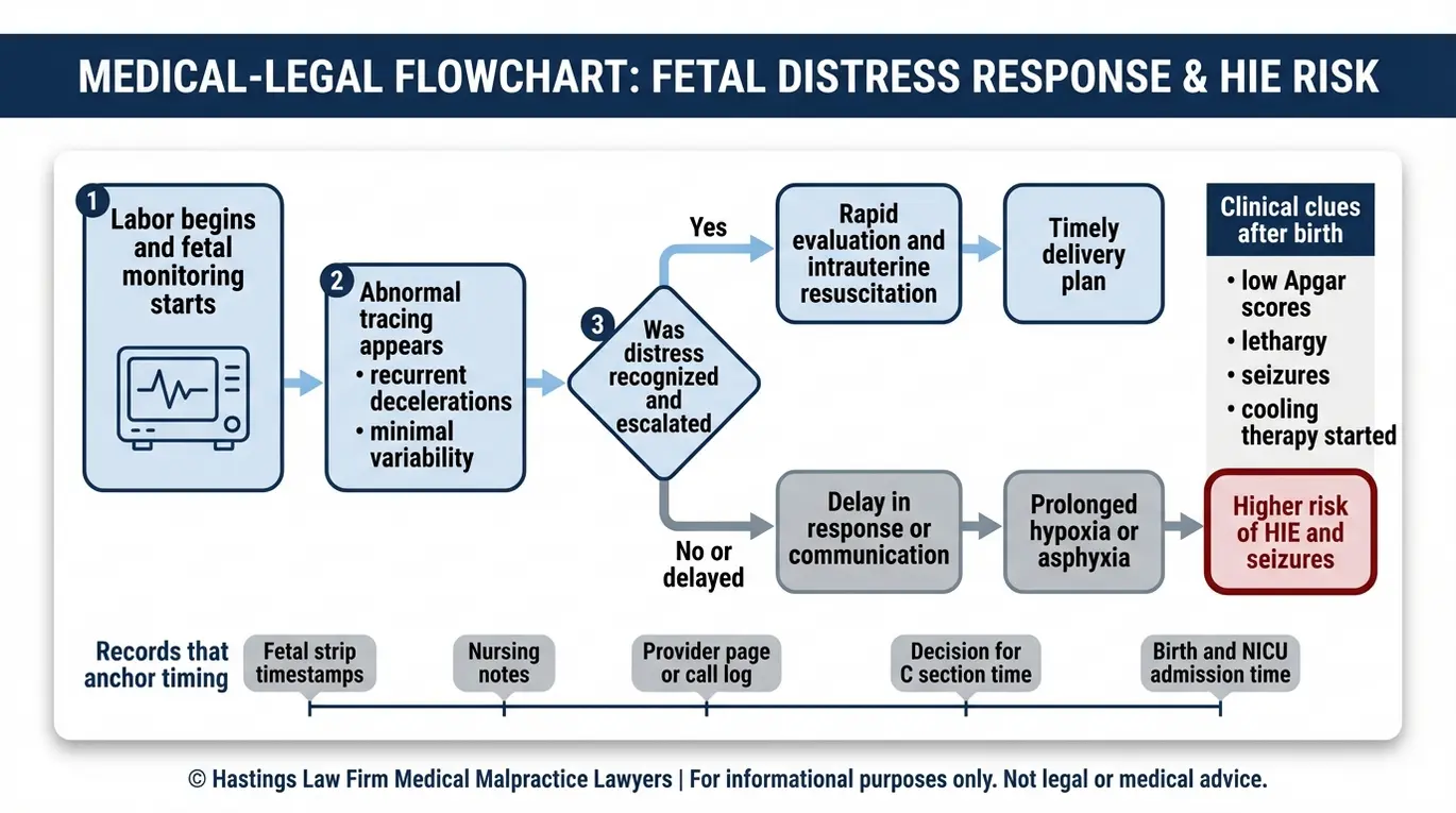 Process flowchart an Arizona Infant Brain Anomaly Misdiagnosis Lawyer uses to show how missed fetal distress can lead to delayed delivery, hypoxia, and hypoxic ischemic encephalopathy with key medical record time anchors.