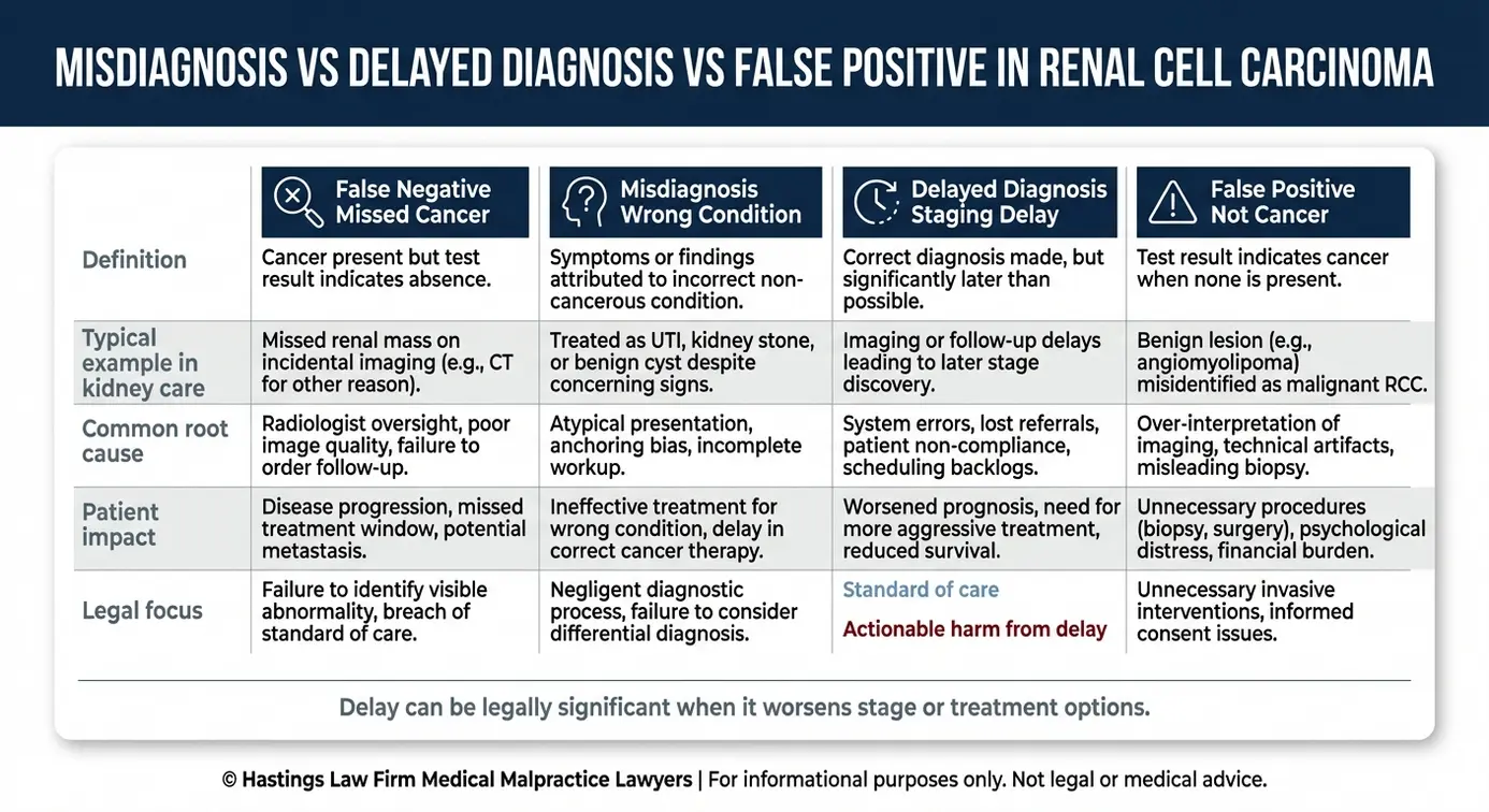 Tabla comparativa que explica la diferencia entre el diagnóstico erróneo y el diagnóstico tardío, así como los falsos positivos, que utiliza un abogado especializado en casos de diagnóstico erróneo de cáncer de riñón de Texas para evaluar los errores de diagnóstico de este tipo de cáncer.