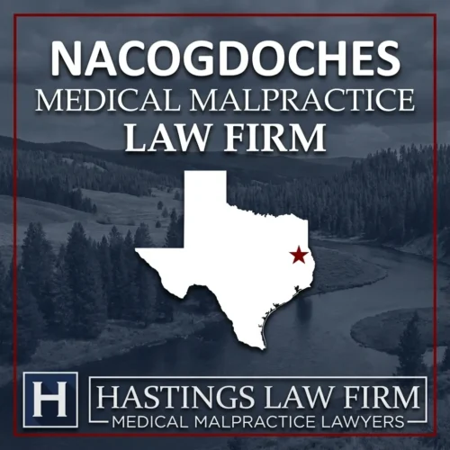 Los mejores abogados de negligencia médica en Nacogdoches Texas Una escena de paisaje de Nacogdoches Texas. Una estrella roja señala el lugar donde los abogados locales especializados en negligencias médicas han ayudado a pacientes lesionados. El logotipo de The Hastings Law Firm aparece en la parte inferior.
