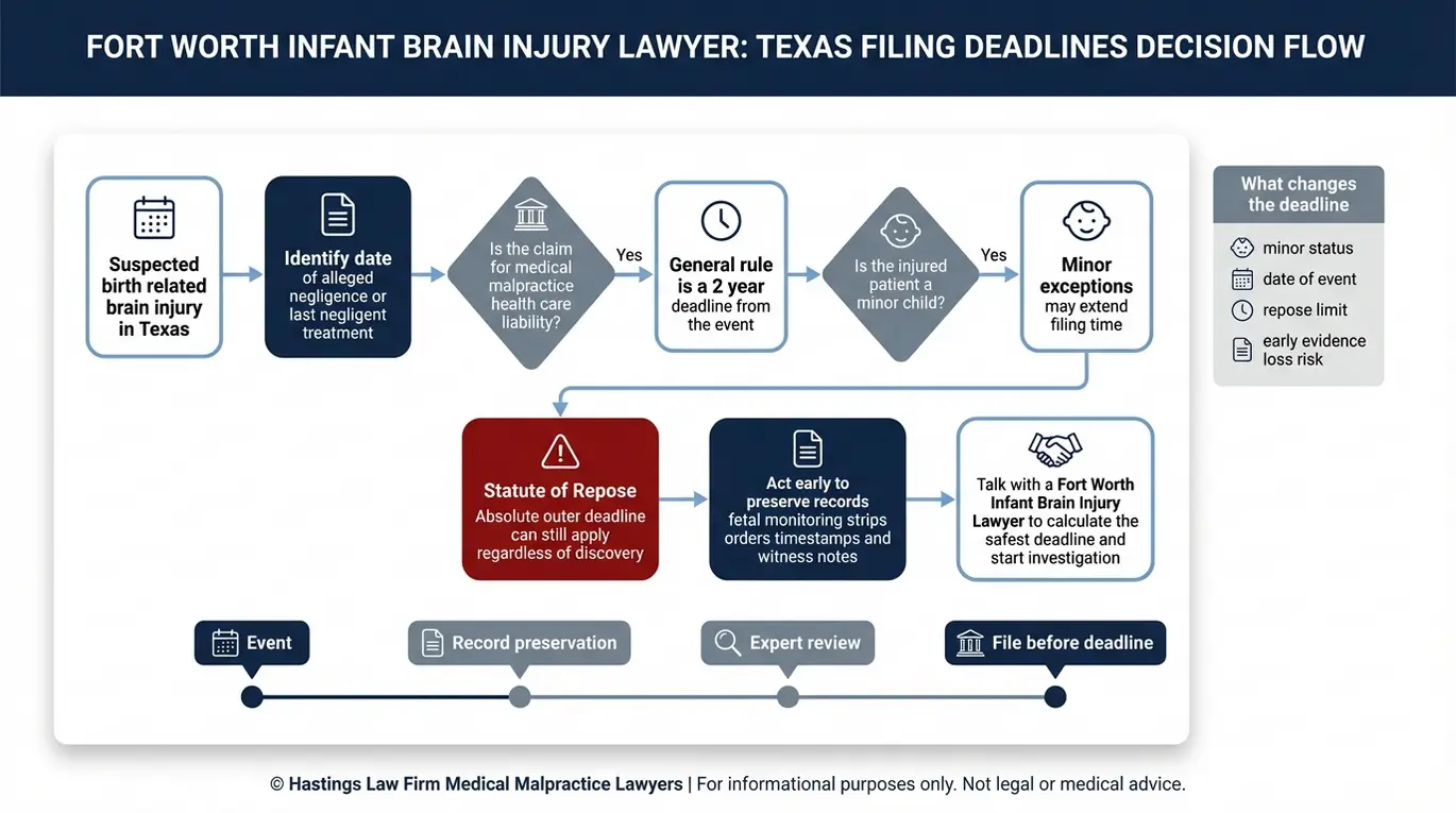 Process flowchart showing Texas statute of limitations decision steps for a Fort Worth Infant Brain Injury Lawyer including the two year rule minor exceptions statute of repose and early evidence preservation.
