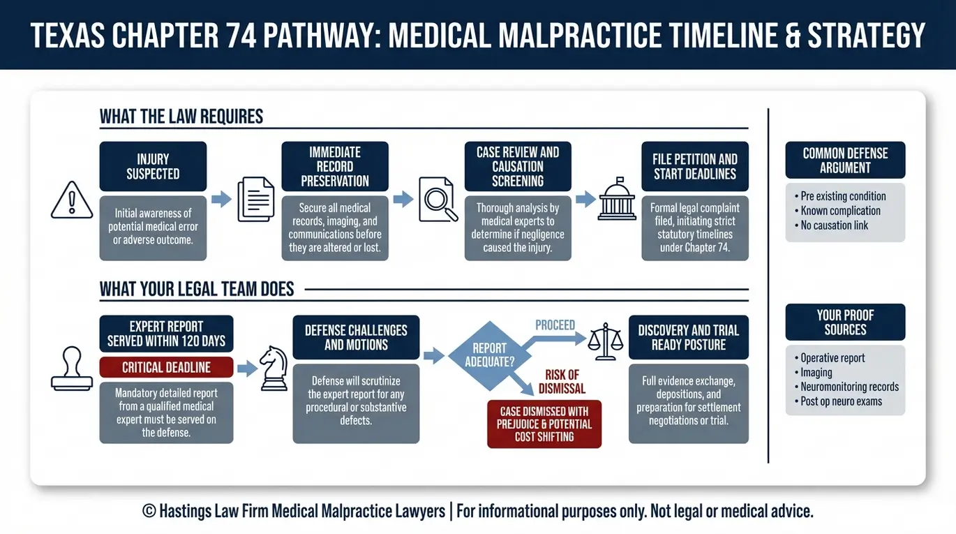 Diagrama de flujo que muestra el cronograma del caso de negligencia médica Texas, capítulo 74, incluyendo el informe pericial en un plazo de 120 días y los puntos clave de decisión relevantes para la revisión de un caso por parte de un abogado especializado en negligencia médica de neurocirujanos Texas.