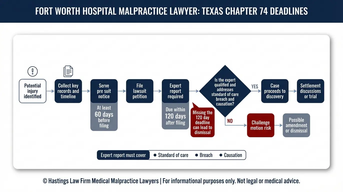 Process flowchart for a Fort Worth hospital malpractice lawyer showing Texas Chapter 74 pre suit notice expert report deadline and outcomes if the report is challenged.