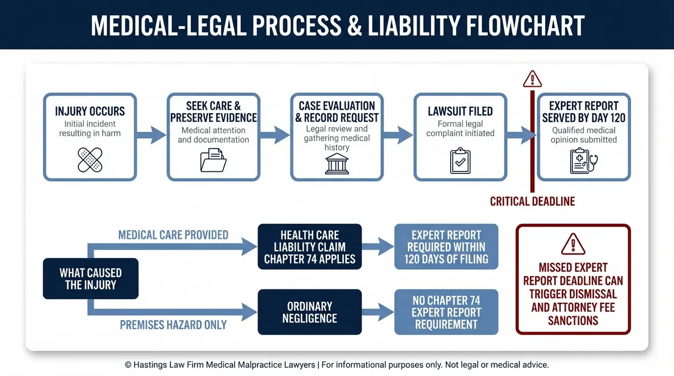 Diagrama de flujo y cronograma que muestran cómo un abogado especializado en negligencia médica de Texas Medical Spa gestiona la clasificación del Capítulo 74 y el plazo de 120 días para la presentación del informe pericial en una demanda por negligencia en un spa médico.